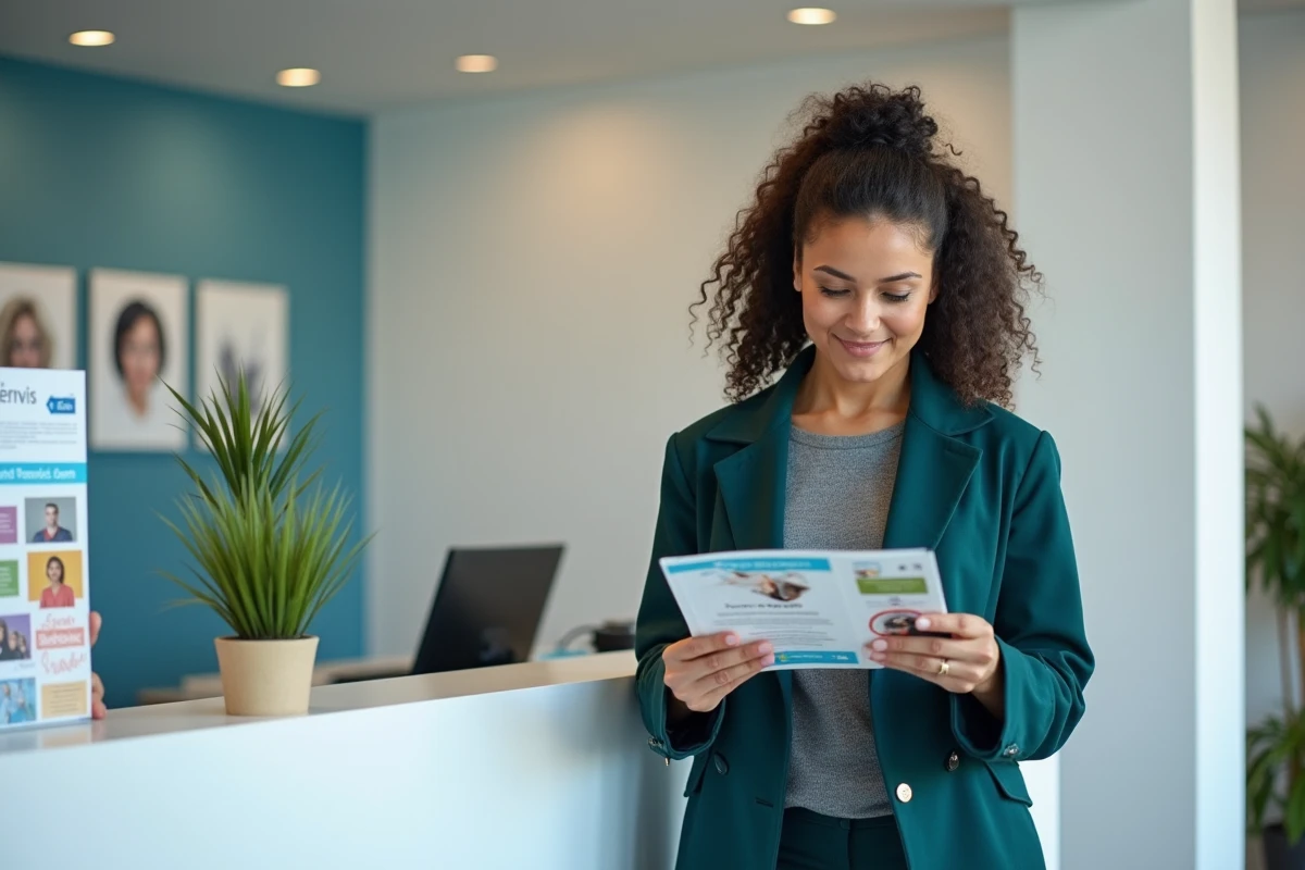 Jeune femme consultant une brochure à l'accueil d'un centre Solerys accompagnement emploi