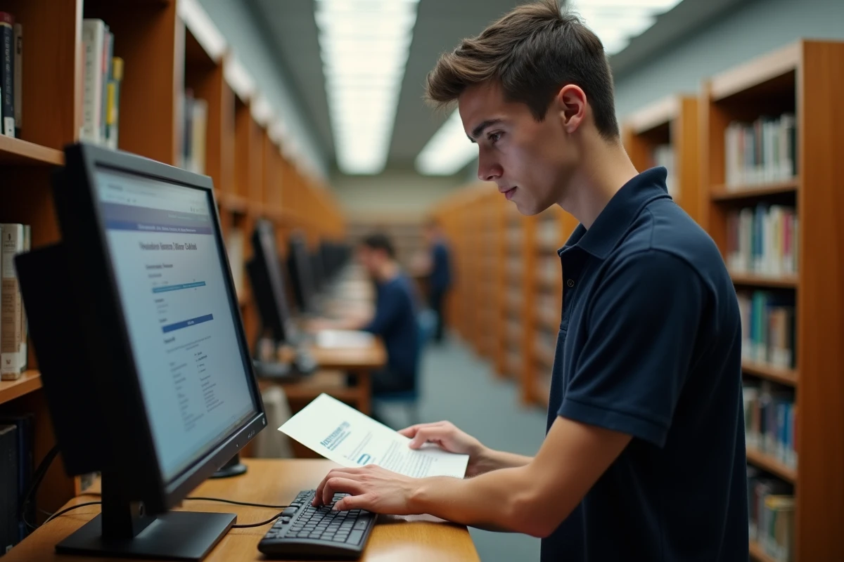 Étudiant activant son compte Alcuin ESME dans une bibliothèque universitaire avec un courrier d'inscription