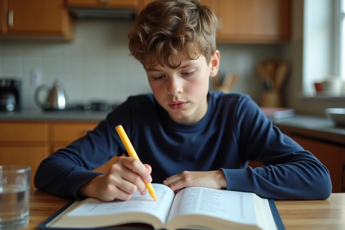 Adolescent étudiant la conjugaison des verbes du 2ème groupe sur une table à la maison pour préparer le Brevet