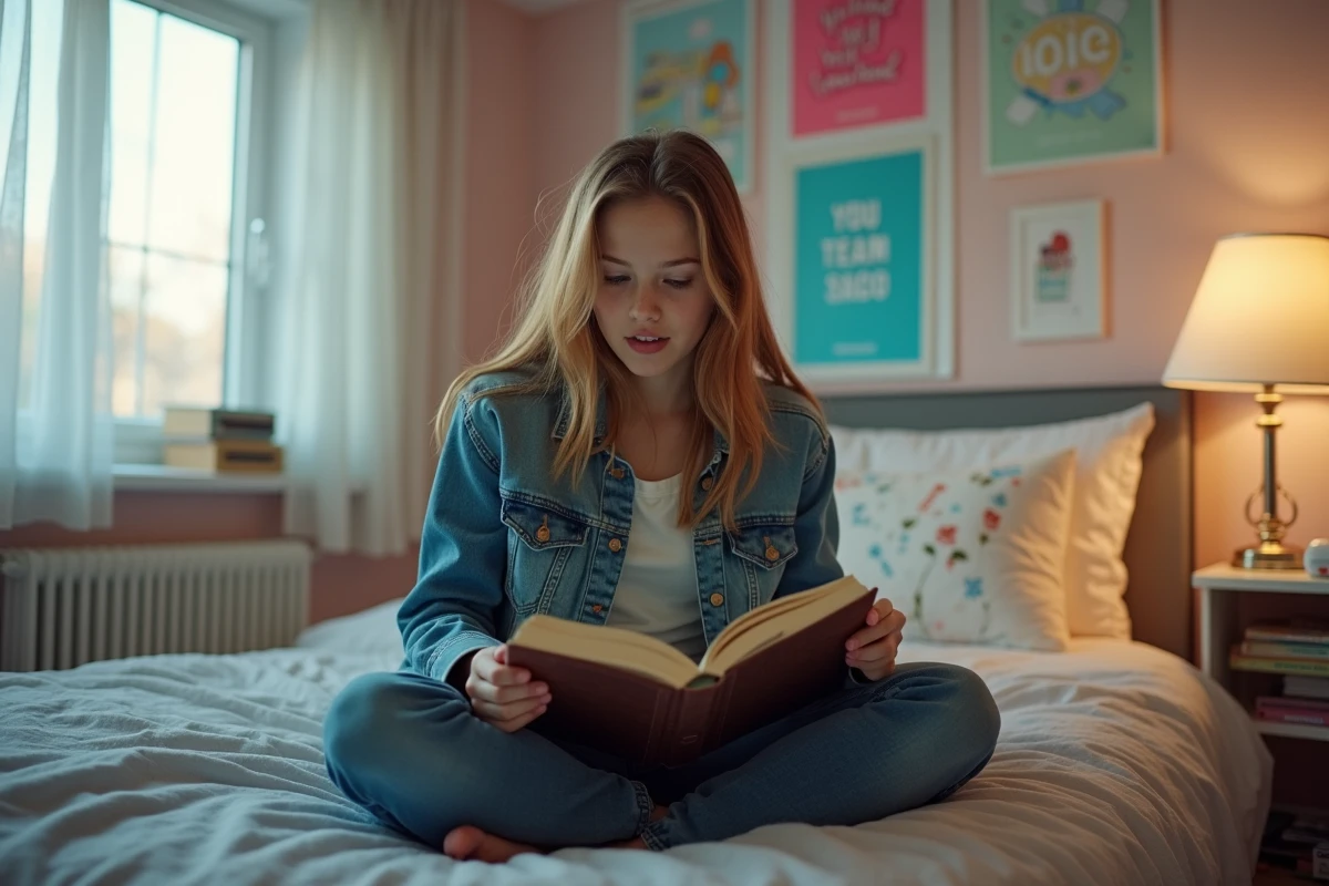 Adolescente lisant à voix haute un cahier d'exercices d'anglais sur son lit dans sa chambre