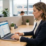Une agente administrative de l'académie consulte l'intranet AC Amiens sur son ordinateur portable dans un bureau moderne
