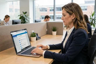Une agente administrative de l'académie consulte l'intranet AC Amiens sur son ordinateur portable dans un bureau moderne