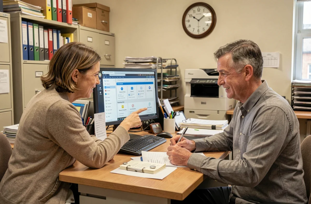 Deux agents de l'académie d'Amiens collaborent devant un écran affichant l'intranet institutionnel dans un secrétariat scolaire