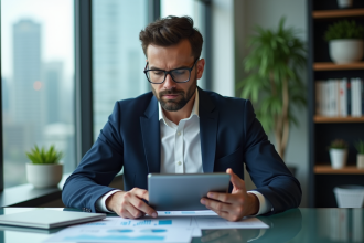 Analyste financier homme en costume dans un bureau moderne