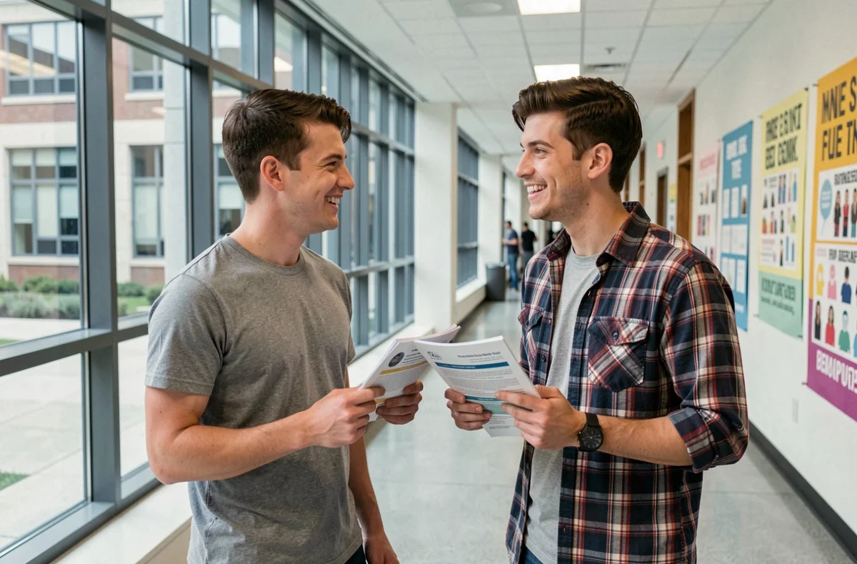 Deux anciens élèves d'une école de gaming discutant dans le couloir d'un campus, témoignant de leur expérience et du rapport qualité-prix de leur formation