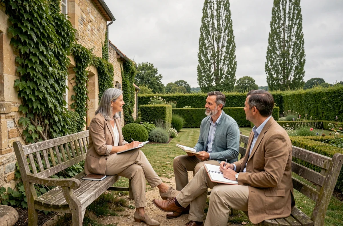 Cours d'anglais en plein air dans le Loir-et-Cher avec une formatrice et des apprenants adultes près d'une maison en pierre