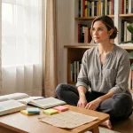 Mère organisant une journée d'apprentissage à la maison avec livres et planning sur le sol