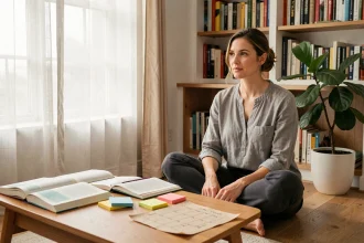 Mère organisant une journée d'apprentissage à la maison avec livres et planning sur le sol
