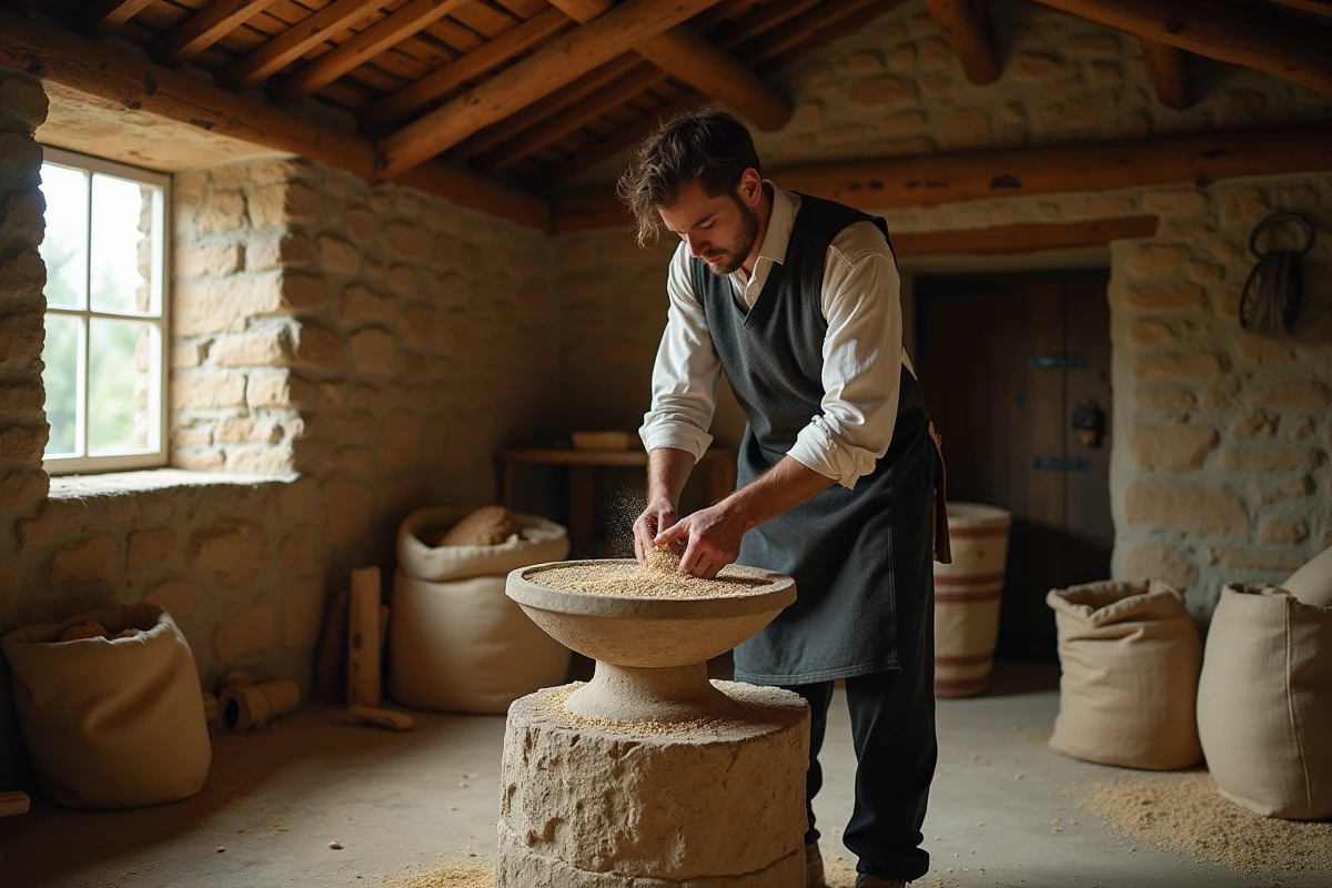 Artisan traditionnel opérant un moulin à meule en pierre dans un atelier de patrimoine, représentant un métier artisanal rare et historique