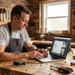 Homme bricoleur consultant un tutoriel en ligne sur son ordinateur dans un atelier fait maison