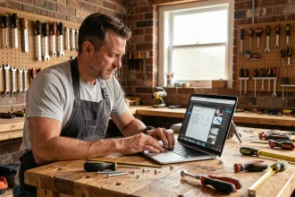 Homme bricoleur consultant un tutoriel en ligne sur son ordinateur dans un atelier fait maison