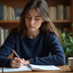 Femme écrivant dans un cahier de texte papier à son bureau à domicile, environnement chaleureux avec bibliothèque en arrière-plan