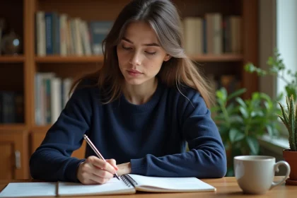 Femme écrivant dans un cahier de texte papier à son bureau à domicile, environnement chaleureux avec bibliothèque en arrière-plan