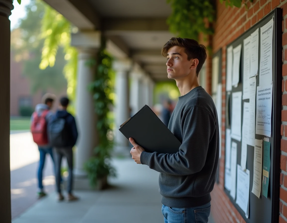 Jeune homme ambitieux sur un campus universitaire consultant un tableau d'affichage académique, symbolisant le parcours estudiantin et la vision entrepreneuriale