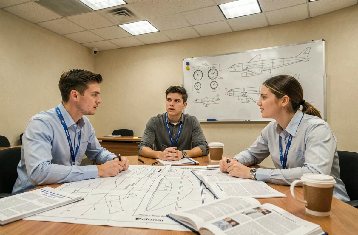 Candidats pilotes de chasse en session de formation autour de cartes aéronautiques dans une salle de cours militaire