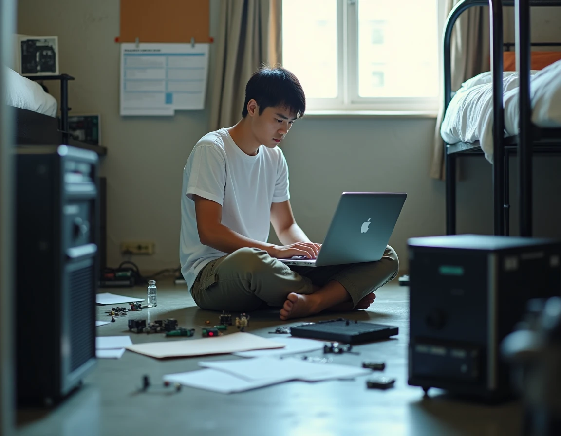 Étudiant en technologie dans sa chambre universitaire entouré de composants informatiques et de recherches, illustration du génie autodidacte et de l'entrepreneuriat étudiant