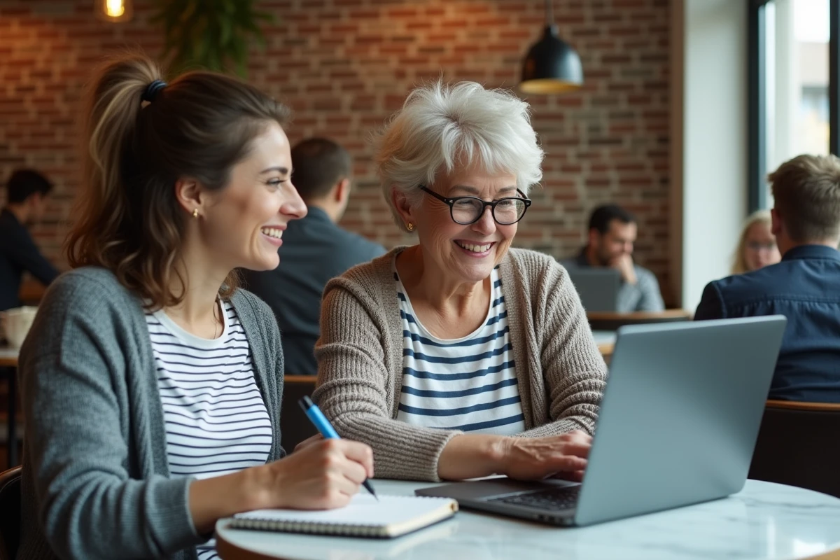 Deux femmes comparant des offres de formation professionnelle ensemble dans un café urbain
