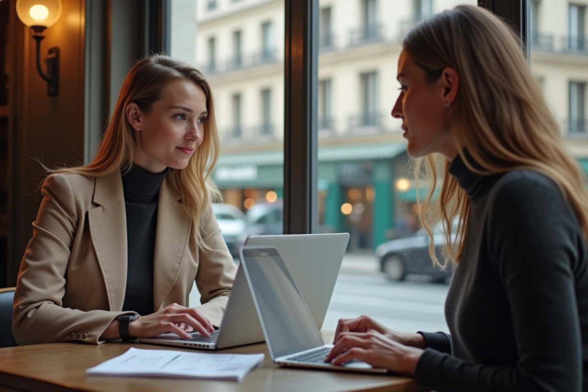 Deux professionnelles discutant du choix entre un certificat LVMH et un master spécialisé luxe autour d'un café à Paris