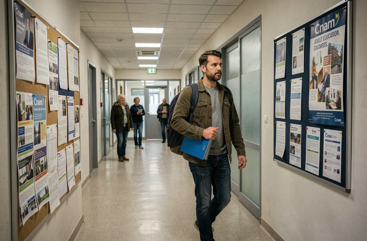 Étudiant adulte dans les couloirs du Cnam Centre-Val de Loire avec des affiches de formations en arrière-plan