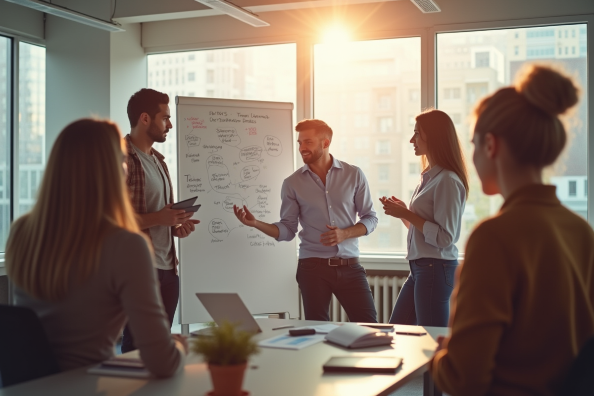 Groupe de collègues partageant des idées autour d