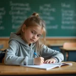 Collégienne révisant les verbes du 2ème groupe dans un cahier en classe avant le Brevet