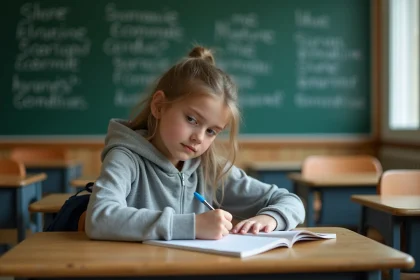 Collégienne révisant les verbes du 2ème groupe dans un cahier en classe avant le Brevet