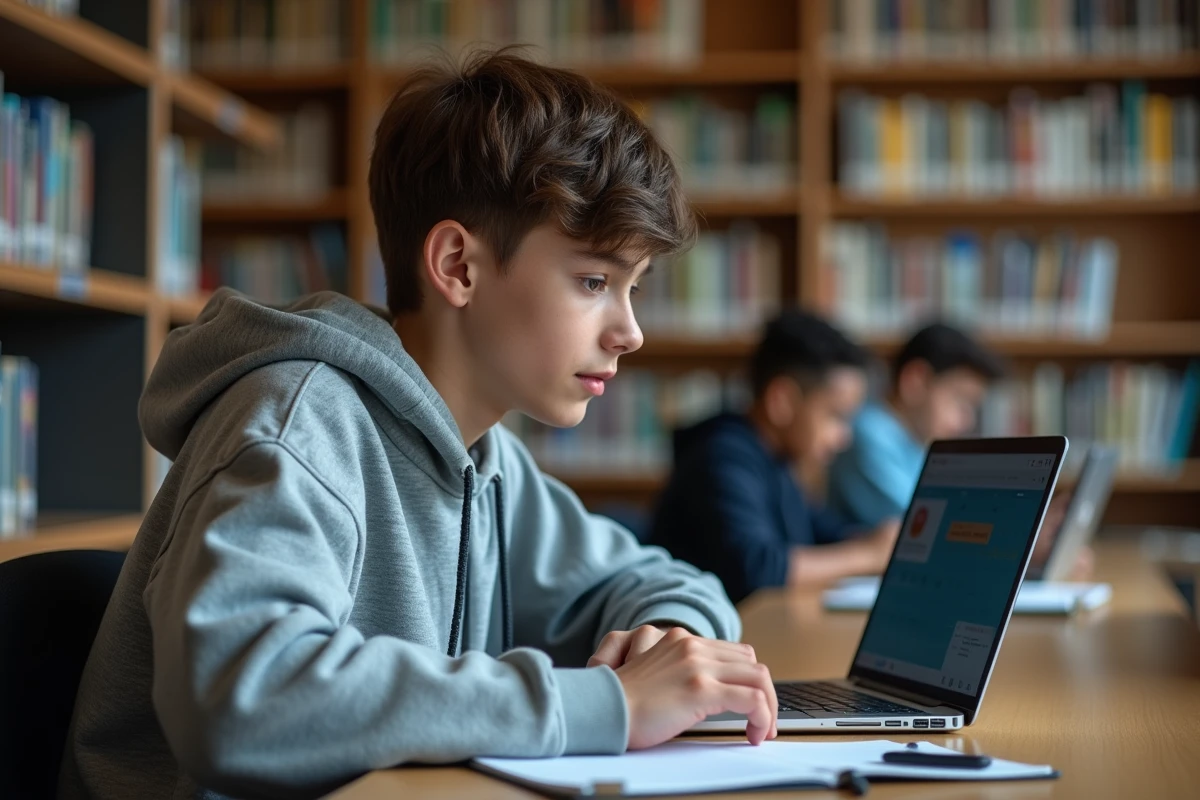 Étudiant comparant un agenda numérique sur ordinateur portable et un cahier papier dans une bibliothèque scolaire
