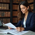 Jeune professionnelle comparant les programmes du certificat LVMH et d'un master spécialisé luxe dans une bibliothèque universitaire moderne