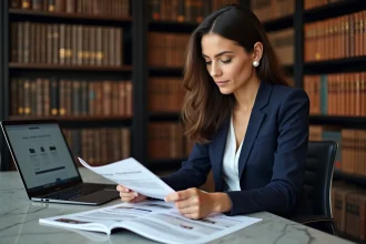 Jeune professionnelle comparant les programmes du certificat LVMH et d'un master spécialisé luxe dans une bibliothèque universitaire moderne