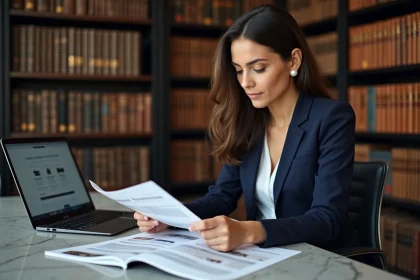 Jeune professionnelle comparant les programmes du certificat LVMH et d'un master spécialisé luxe dans une bibliothèque universitaire moderne