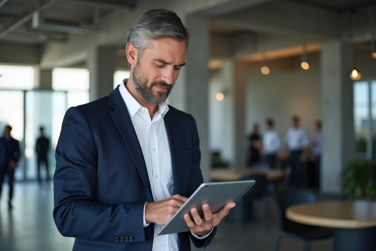 Professionnel consultant un comparateur de formations sur tablette dans un espace de coworking