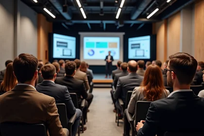 Salle de conférence parisienne remplie de professionnels du numérique lors de l'événement Clubformationdigital.fr