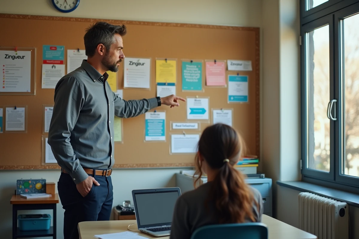 Conseiller d'orientation présentant des fiches métiers à un lycéen dans un bureau scolaire, focus sur les professions rares en Z