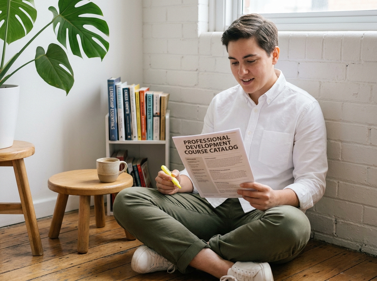 Une personne consulte un catalogue de formations professionnelles à domicile pour préparer sa reconversion de carrière