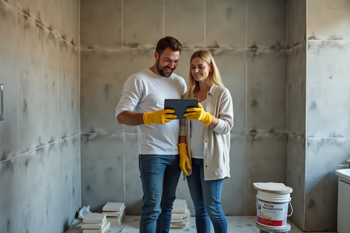 Couple de débutants en bricolage posant du carrelage dans une salle de bain en rénovation, en suivant un tutoriel sur tablette