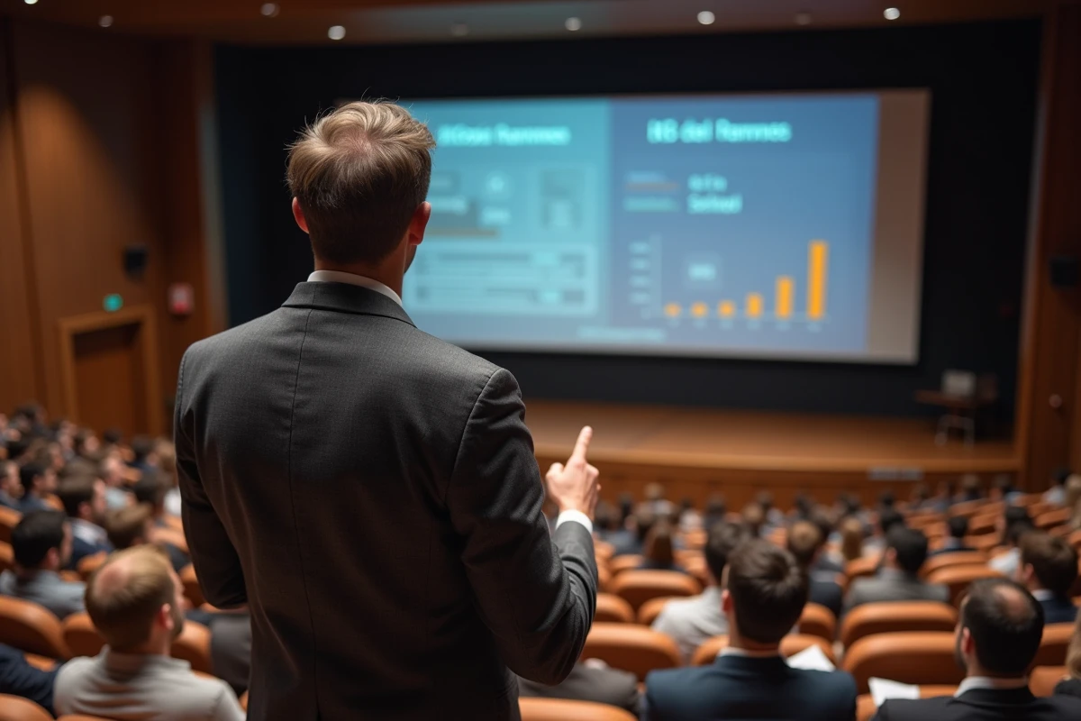 Professeur d'école de commerce présentant un classement salarial dans un amphithéâtre face à des étudiants attentifs