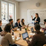 Groupe d'adultes suivant un cours d'anglais en Centre-Val de Loire avec une enseignante devant un tableau blanc