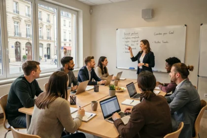 Groupe d'adultes suivant un cours d'anglais en Centre-Val de Loire avec une enseignante devant un tableau blanc