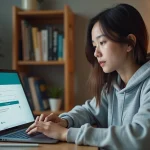 Étudiante créant son compte Alcuin ESME sur un ordinateur portable dans une chambre universitaire moderne