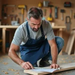 Homme débutant en bricolage mesurant une planche en bois dans un atelier maison, apprenant les bases du bricolage avec Bricoludik.fr