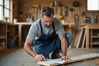 Homme débutant en bricolage mesurant une planche en bois dans un atelier maison, apprenant les bases du bricolage avec Bricoludik.fr