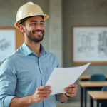Jeune homme débutant en formation BTP tenant un manuel de construction dans une salle de cours professionnelle