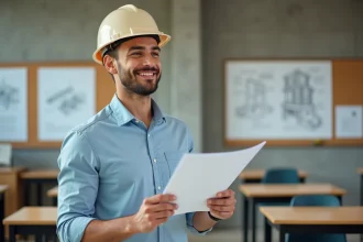 Jeune homme débutant en formation BTP tenant un manuel de construction dans une salle de cours professionnelle
