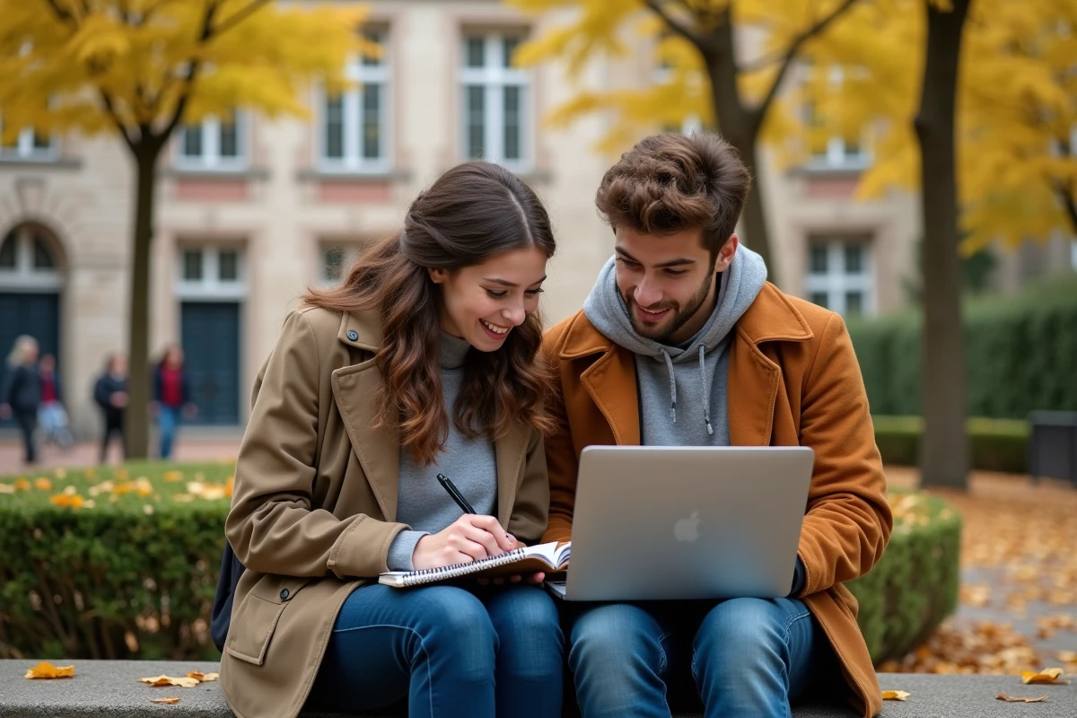 Deux étudiants consultant ensemble le portail des emplois du temps sur un campus universitaire en automne