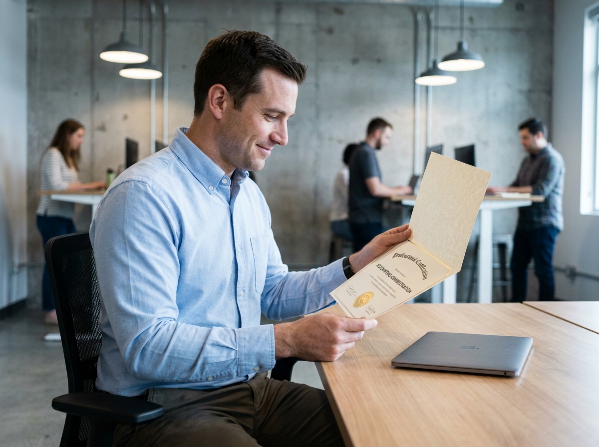 Homme tenant son diplôme de secrétaire comptable dans un espace de coworking moderne
