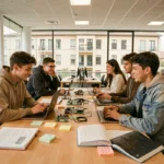 Étudiants en informatique travaillant ensemble dans un laboratoire moderne d'une école numérique en Nouvelle-Aquitaine