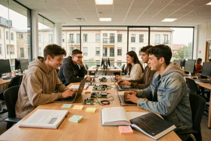 Étudiants en informatique travaillant ensemble dans un laboratoire moderne d'une école numérique en Nouvelle-Aquitaine