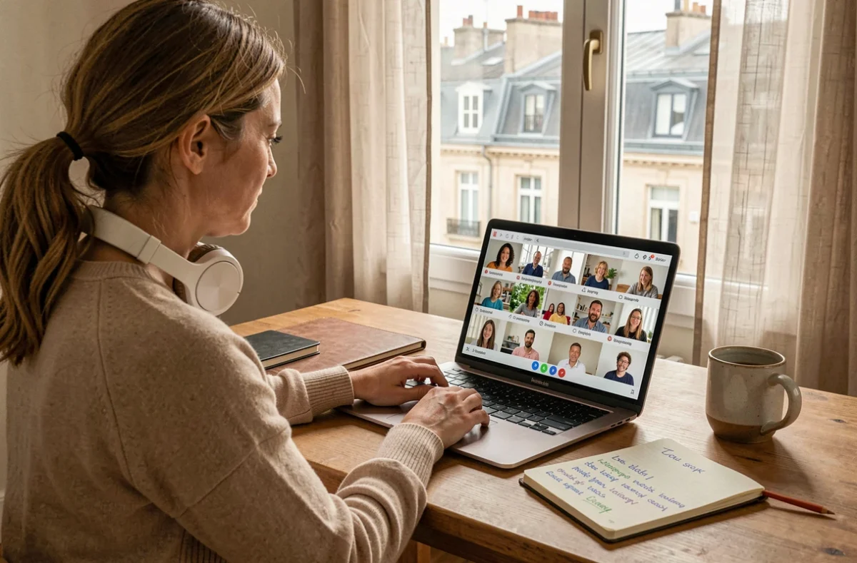 Femme suivant un cours d'anglais en ligne EF English Live depuis son domicile à Tours