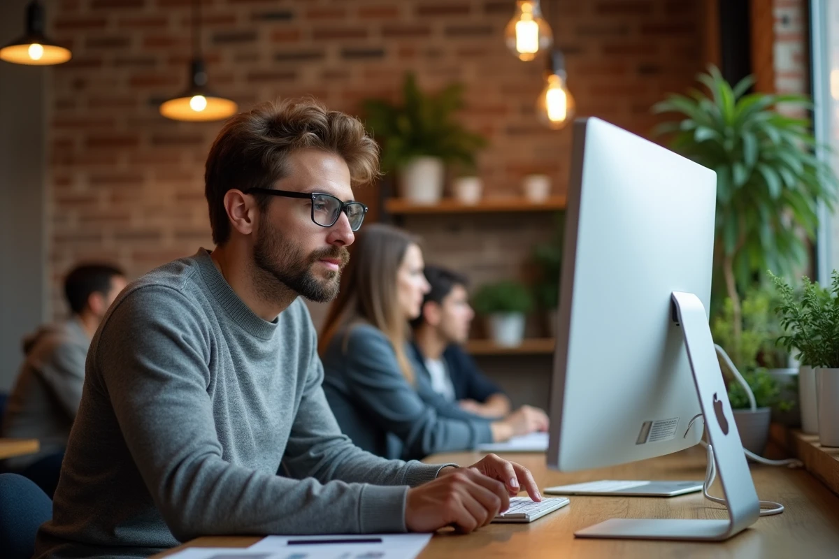Salarié adulte suivant un module de formation en ligne sur ordinateur dans un espace de coworking, prenant des notes pour sa remise à niveau