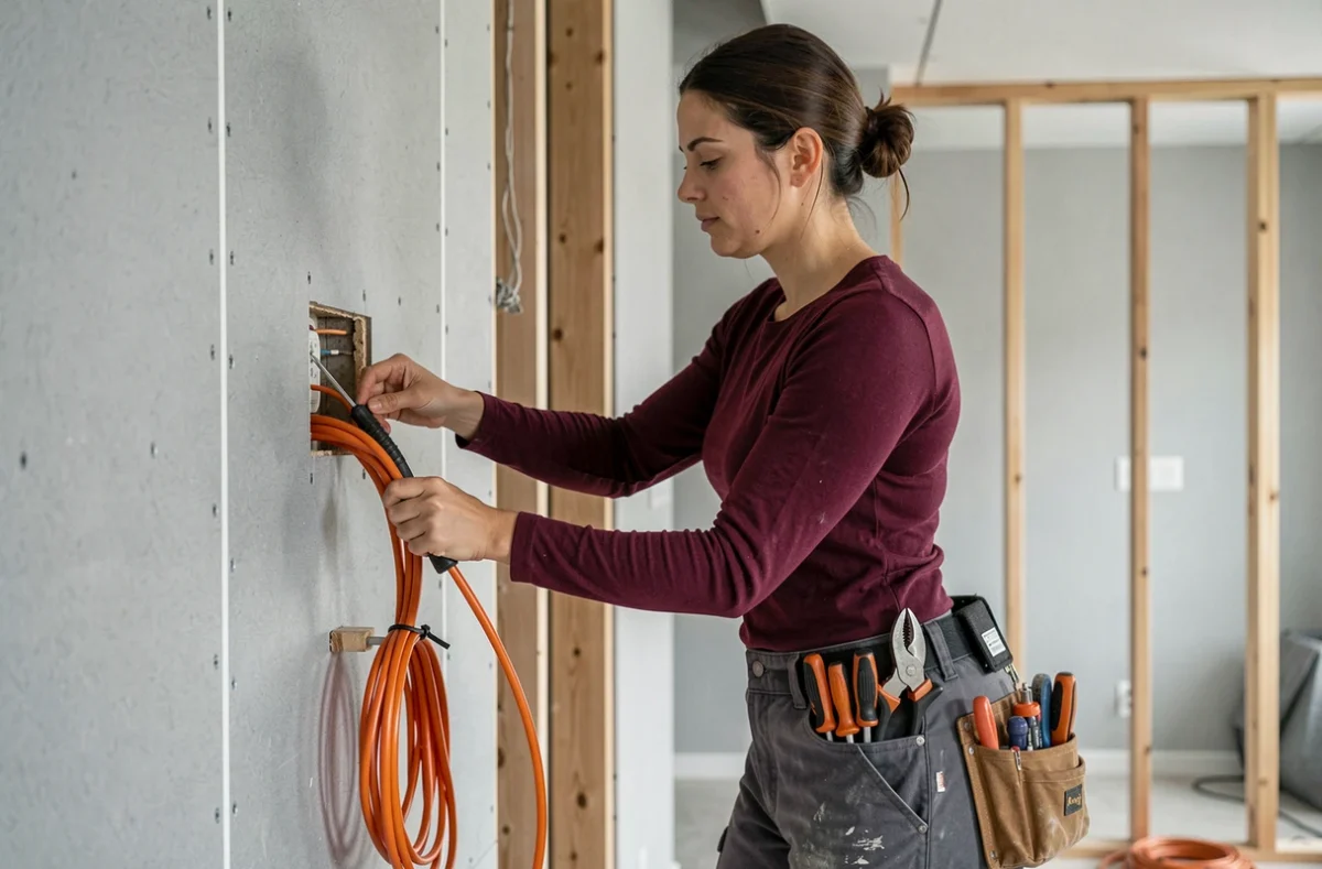 Électricienne professionnelle installant des câbles électriques dans une maison en cours de rénovation